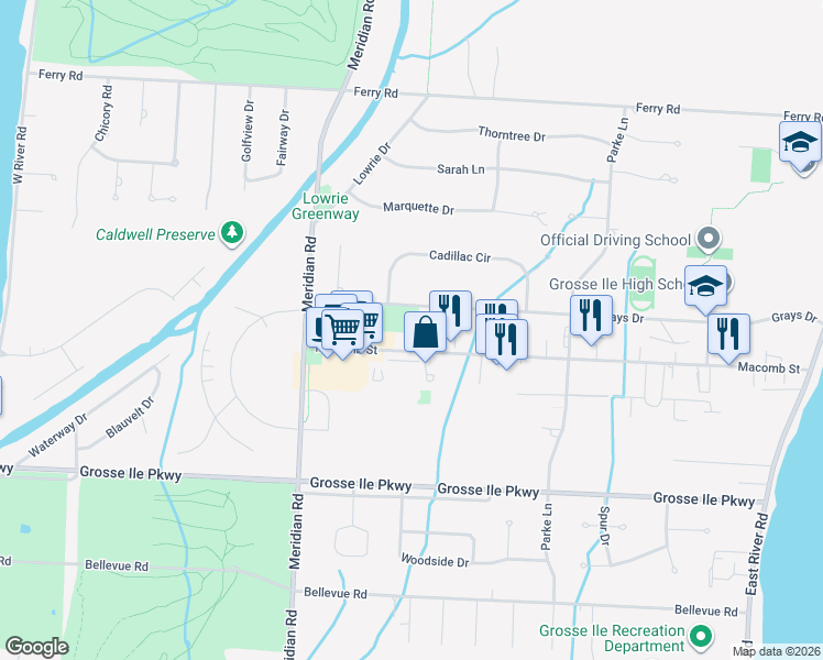 map of restaurants, bars, coffee shops, grocery stores, and more near 8890 Macomb Street in Grosse Ile Township