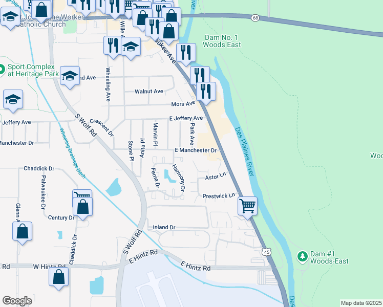 map of restaurants, bars, coffee shops, grocery stores, and more near 459 Hickory Drive in Wheeling