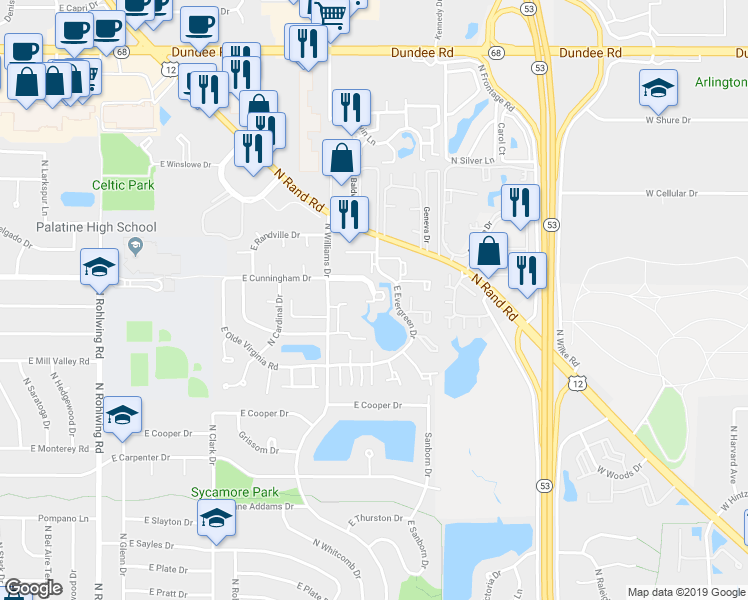 map of restaurants, bars, coffee shops, grocery stores, and more near 1102 East Prairie Brook Drive in Palatine