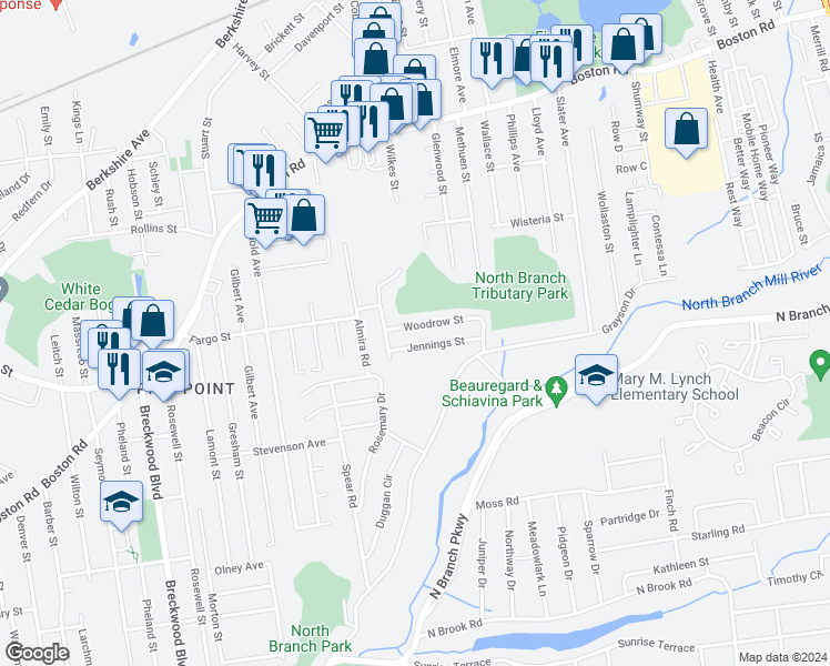 map of restaurants, bars, coffee shops, grocery stores, and more near 29 Woodrow Street in Springfield