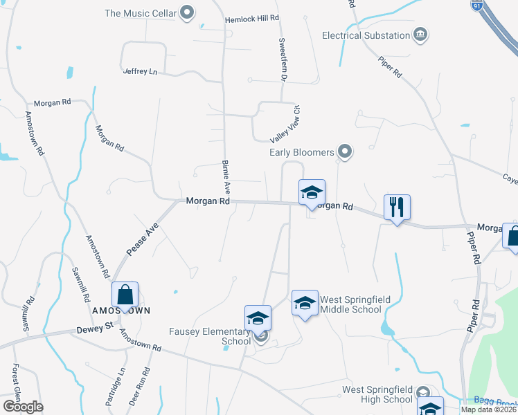 map of restaurants, bars, coffee shops, grocery stores, and more near 667 Morgan Road in West Springfield