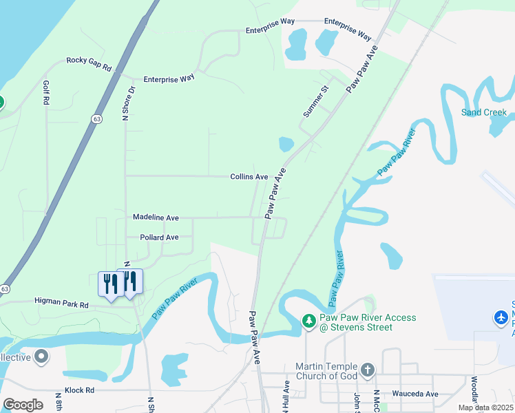 map of restaurants, bars, coffee shops, grocery stores, and more near 450 Madeline Avenue in Benton Harbor