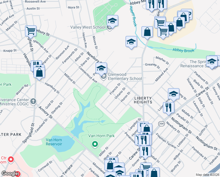 map of restaurants, bars, coffee shops, grocery stores, and more near 73 Francis Street in Springfield
