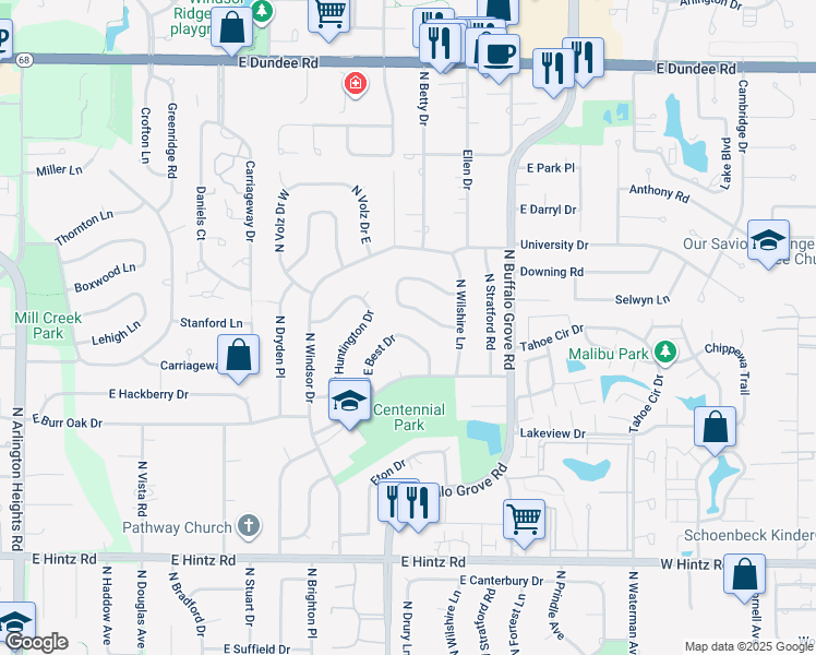 map of restaurants, bars, coffee shops, grocery stores, and more near 1509 East Best Drive in Arlington Heights