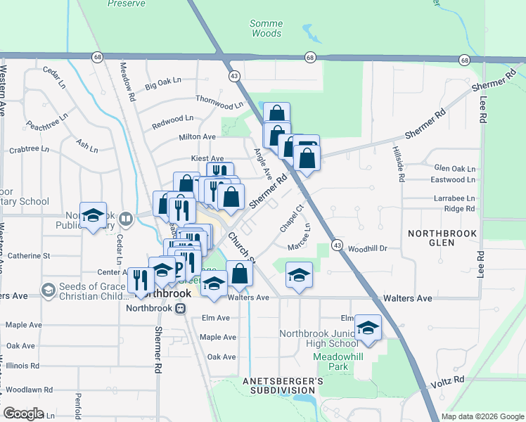map of restaurants, bars, coffee shops, grocery stores, and more near 1200 Shermer Road in Northbrook
