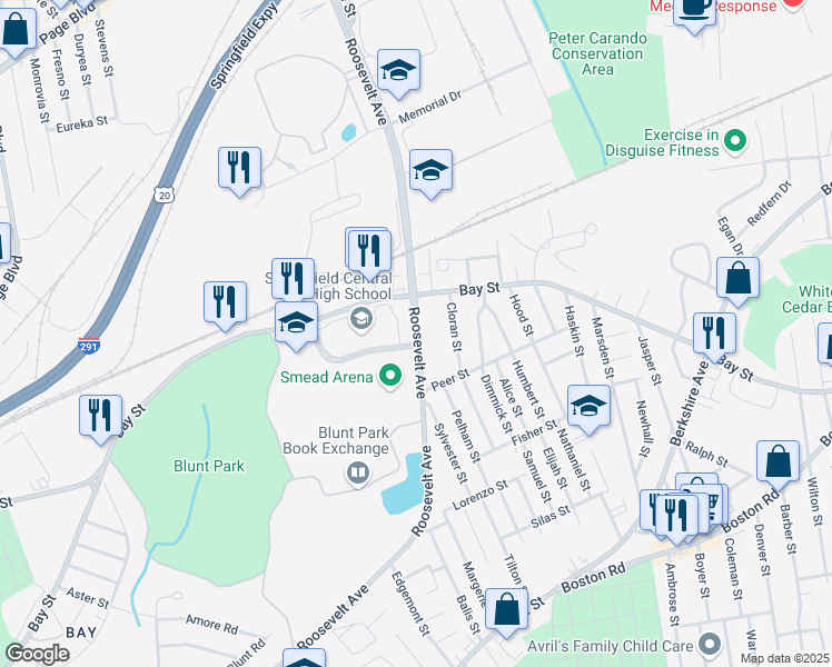 map of restaurants, bars, coffee shops, grocery stores, and more near 1840 Roosevelt Avenue in Springfield