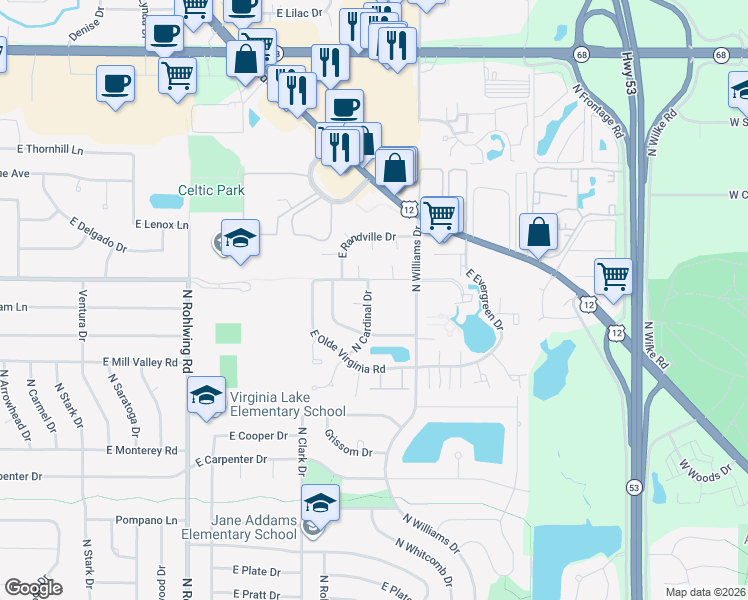 map of restaurants, bars, coffee shops, grocery stores, and more near 1168 East Cunningham Drive in Palatine