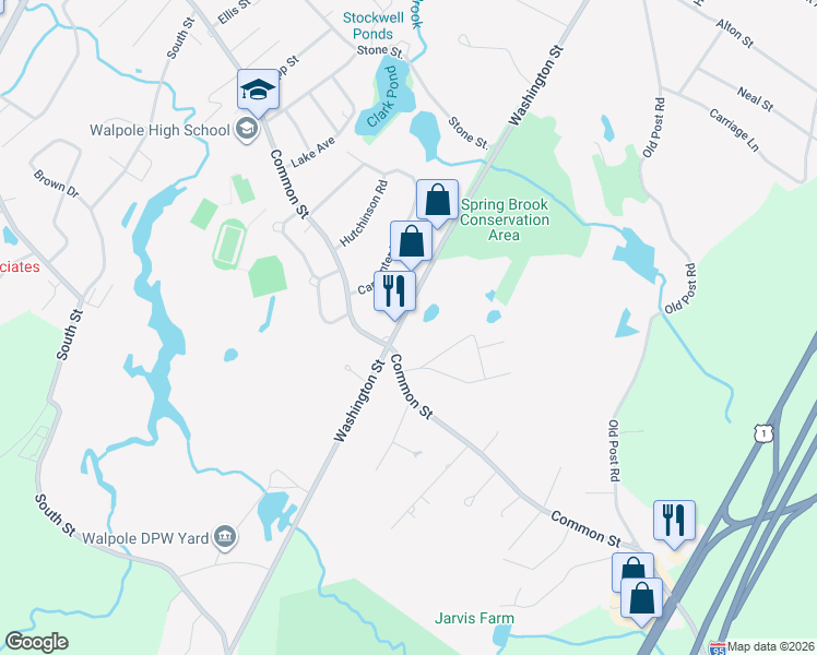 map of restaurants, bars, coffee shops, grocery stores, and more near 1178 Washington Street in Walpole