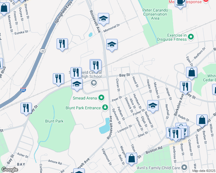 map of restaurants, bars, coffee shops, grocery stores, and more near 1869 Roosevelt Avenue in Springfield