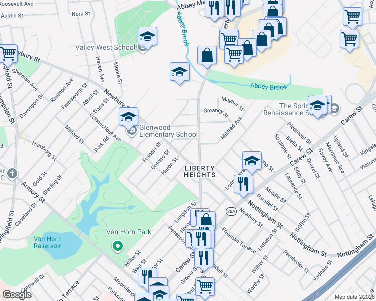 map of restaurants, bars, coffee shops, grocery stores, and more near 1060 Liberty Street in Springfield