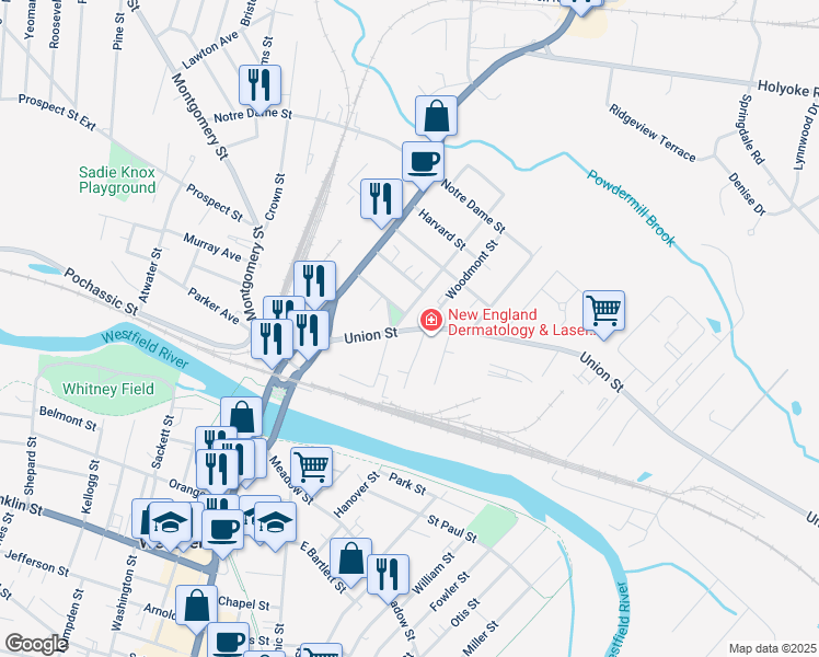 map of restaurants, bars, coffee shops, grocery stores, and more near 12 Columbia Street in Westfield