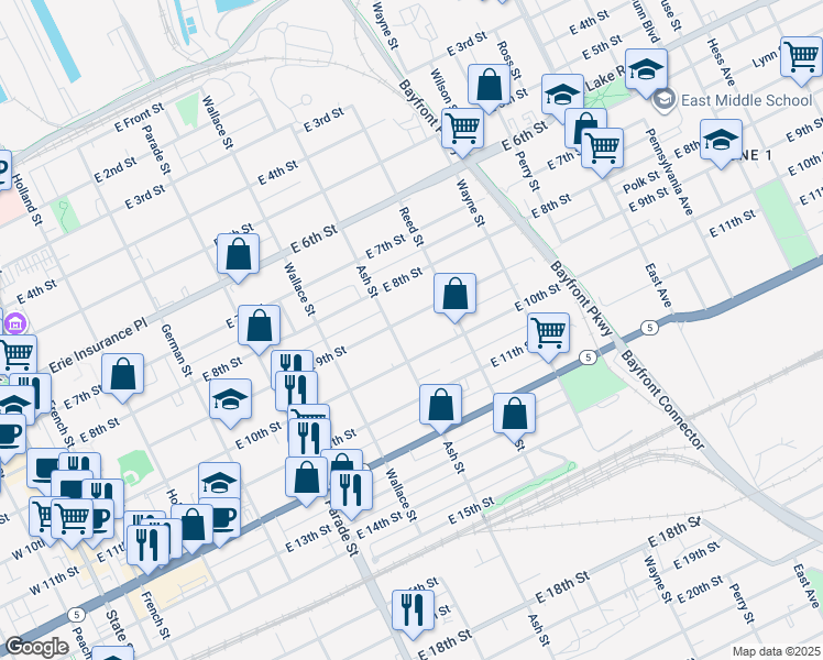 map of restaurants, bars, coffee shops, grocery stores, and more near 819 Ash St in Erie