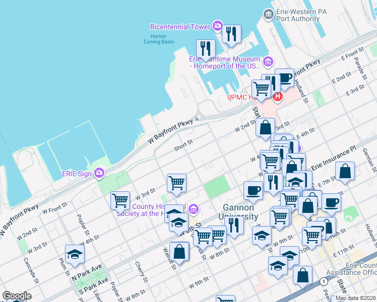 map of restaurants, bars, coffee shops, grocery stores, and more near 256 Short Street in Erie
