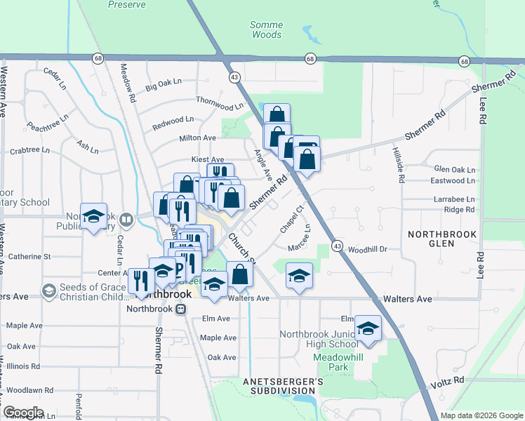 map of restaurants, bars, coffee shops, grocery stores, and more near 1200 Shermer Road in Northbrook