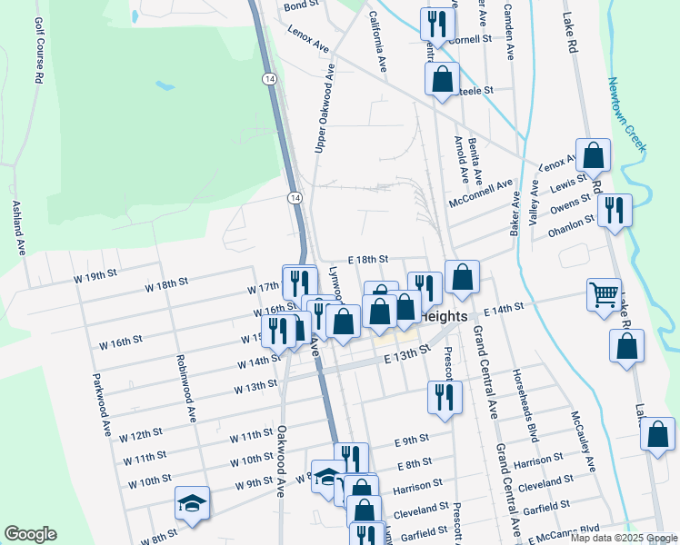 map of restaurants, bars, coffee shops, grocery stores, and more near 252 Lynwood Avenue in Elmira