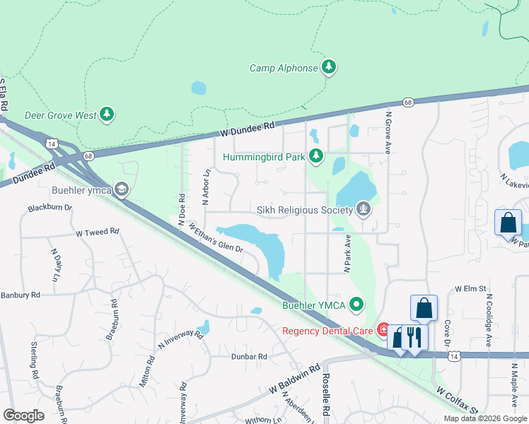 map of restaurants, bars, coffee shops, grocery stores, and more near 1170 North Clearwater Court in Palatine