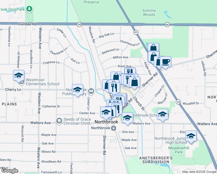 map of restaurants, bars, coffee shops, grocery stores, and more near 1970 Cherry Lane in Northbrook