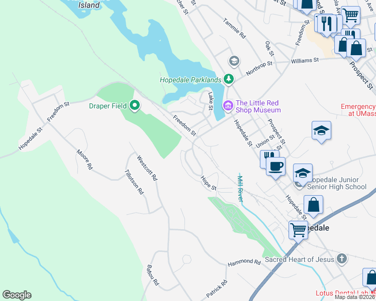 map of restaurants, bars, coffee shops, grocery stores, and more near 57 Bancroft Park in Hopedale