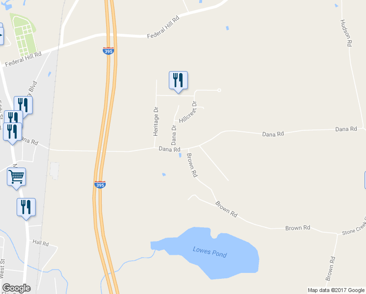 map of restaurants, bars, coffee shops, grocery stores, and more near 93 Dana Road in Oxford