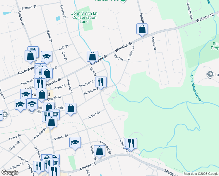 map of restaurants, bars, coffee shops, grocery stores, and more near 279 East Water Street in Rockland