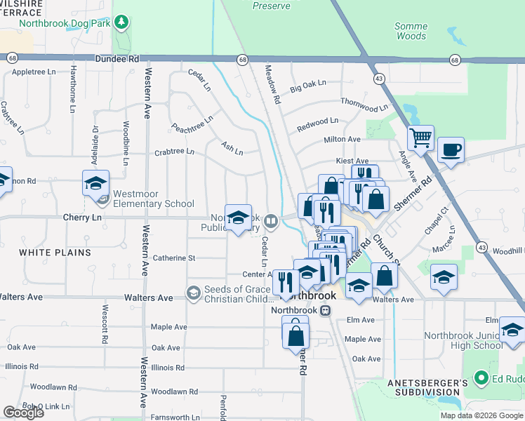 map of restaurants, bars, coffee shops, grocery stores, and more near 1145 Walnut Lane in Northbrook