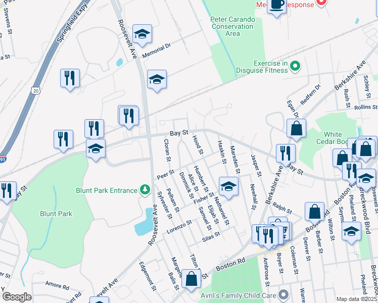 map of restaurants, bars, coffee shops, grocery stores, and more near 15 East Bay Path Terrace in Springfield