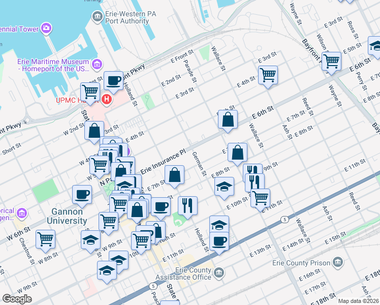 map of restaurants, bars, coffee shops, grocery stores, and more near 308 Pennsylvania 5 Alternate in Erie