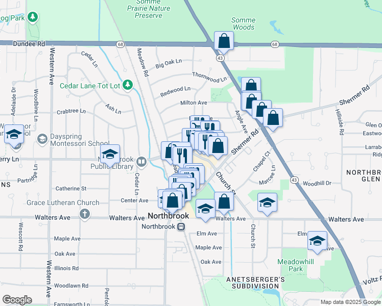 map of restaurants, bars, coffee shops, grocery stores, and more near 1911 Cherry Lane in Northbrook