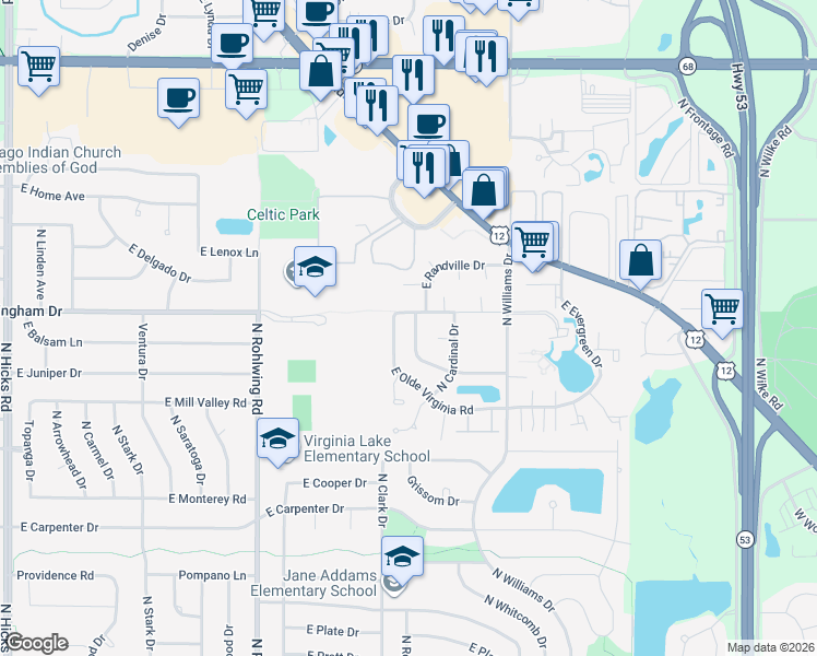 map of restaurants, bars, coffee shops, grocery stores, and more near 1016 East Cunningham Drive in Palatine