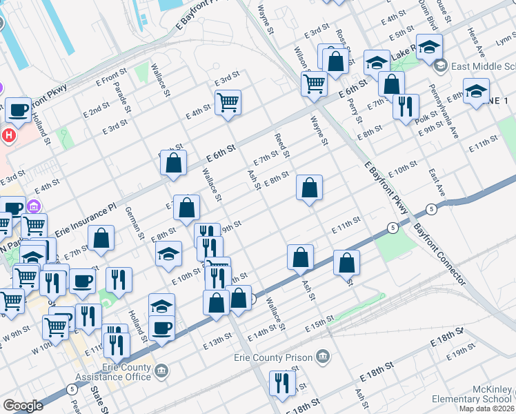 map of restaurants, bars, coffee shops, grocery stores, and more near 539-541 East 8th Street in Erie