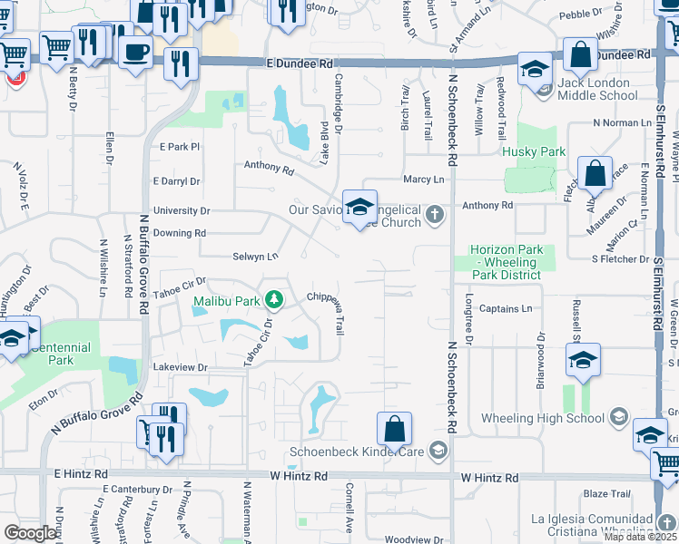 map of restaurants, bars, coffee shops, grocery stores, and more near 5 University Court in Buffalo Grove