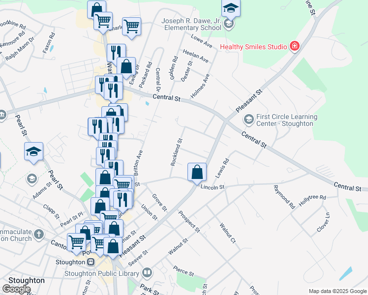 map of restaurants, bars, coffee shops, grocery stores, and more near 93 Rockland Street in Stoughton