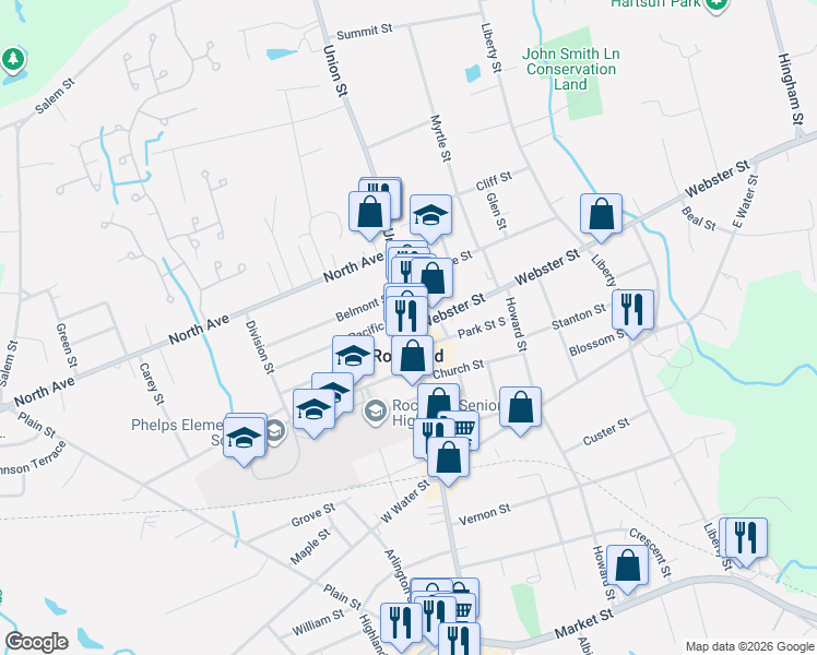 map of restaurants, bars, coffee shops, grocery stores, and more near 353-357 Union Street in Rockland
