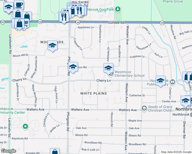 map of restaurants, bars, coffee shops, grocery stores, and more near 1130 Crestwood Drive in Northbrook