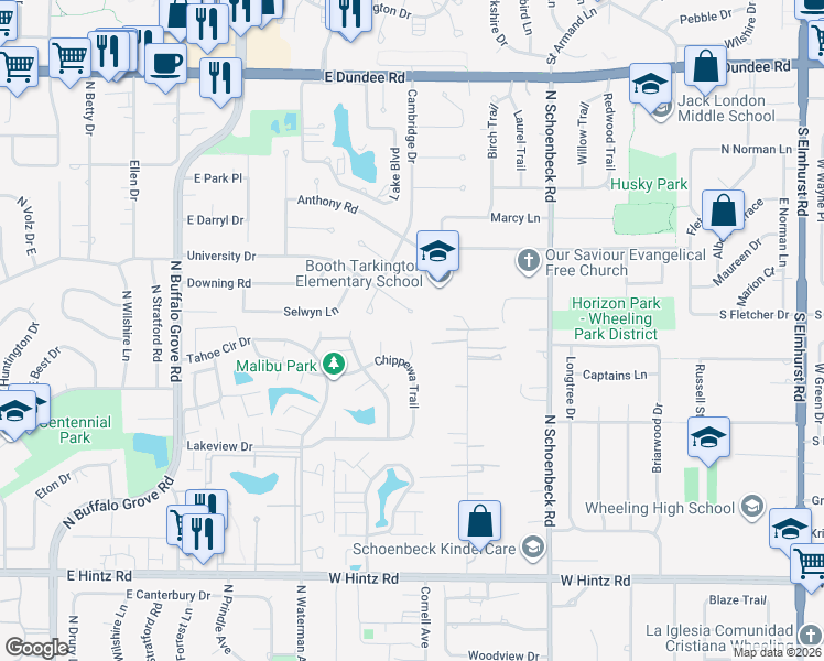 map of restaurants, bars, coffee shops, grocery stores, and more near 5 University Court in Buffalo Grove