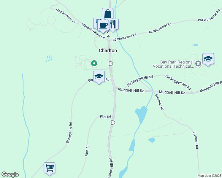 map of restaurants, bars, coffee shops, grocery stores, and more near 62 Main Street in Charlton