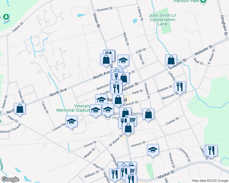 map of restaurants, bars, coffee shops, grocery stores, and more near 346 Union Street in Rockland