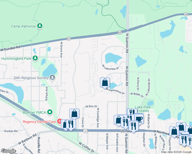 map of restaurants, bars, coffee shops, grocery stores, and more near 1161 North Knollwood Drive in Palatine