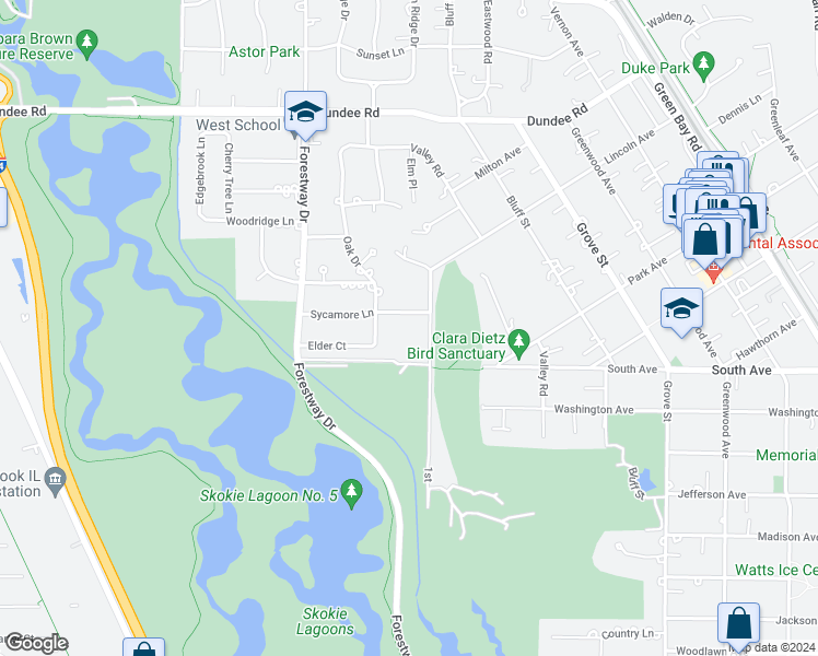 map of restaurants, bars, coffee shops, grocery stores, and more near 662 Sycamore Lane in Glencoe