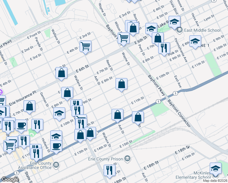 map of restaurants, bars, coffee shops, grocery stores, and more near 646 East 9th Street in Erie