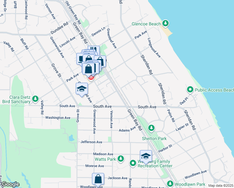 map of restaurants, bars, coffee shops, grocery stores, and more near 560 Green Bay Road in Glencoe