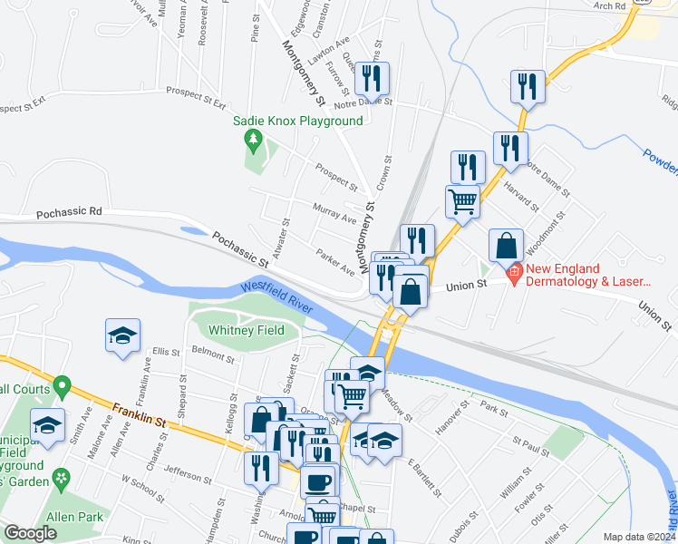 map of restaurants, bars, coffee shops, grocery stores, and more near 26 Parker Avenue in Westfield