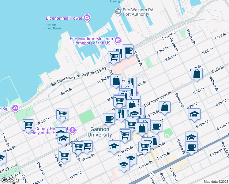 map of restaurants, bars, coffee shops, grocery stores, and more near 300 State Street in Erie