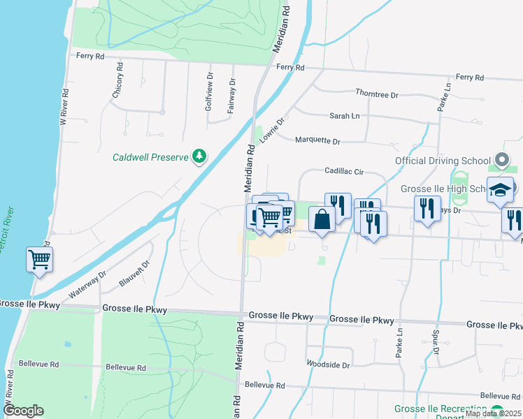 map of restaurants, bars, coffee shops, grocery stores, and more near 24111 Meridian Road in Grosse Ile Township