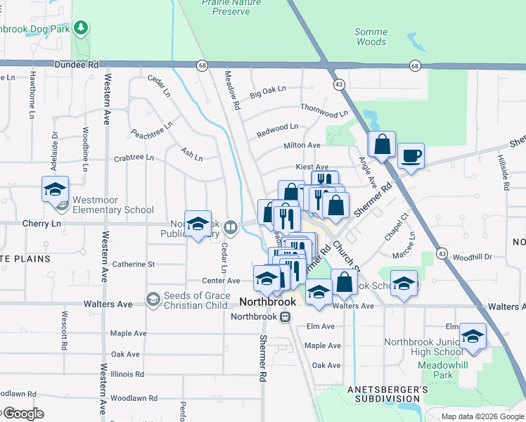 map of restaurants, bars, coffee shops, grocery stores, and more near 1130 Meadow Road in Northbrook