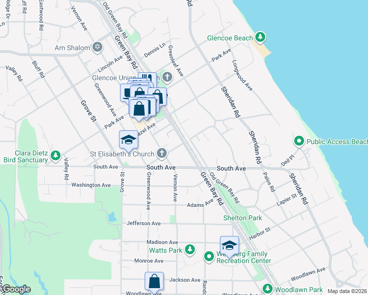 map of restaurants, bars, coffee shops, grocery stores, and more near 560 Green Bay Road in Glencoe