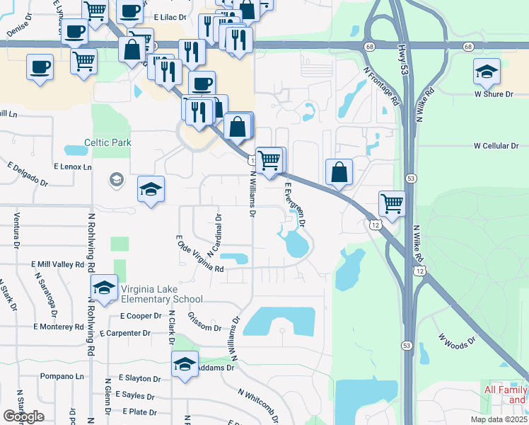 map of restaurants, bars, coffee shops, grocery stores, and more near 1235 East Prairie Brook Drive in Palatine