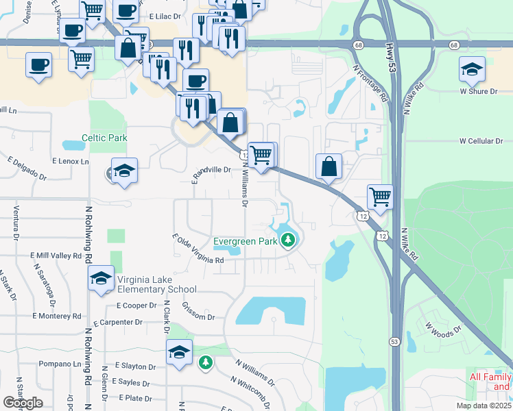 map of restaurants, bars, coffee shops, grocery stores, and more near 1237 East Prairie Brook Drive in Palatine