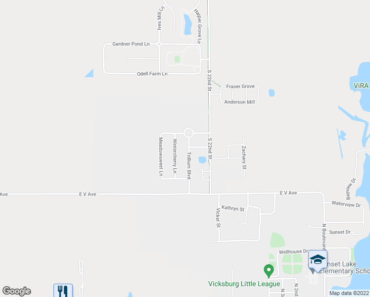 map of restaurants, bars, coffee shops, grocery stores, and more near 1130 Trillium Boulevard in Vicksburg