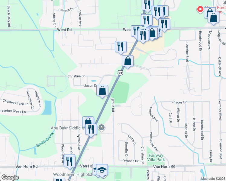 map of restaurants, bars, coffee shops, grocery stores, and more near 23868-23934 Telegraph Road in Brownstown Charter Township